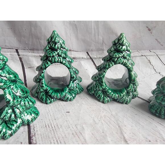 Vintage Ceramic Christmas Tree Napkin Rings Napkin Holders Set Of 4 MCM - Picture 3 of 11